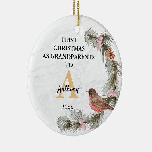 初めてのクリスマスを祖父母として名前をカスタムする セラミックオーナメント (右)