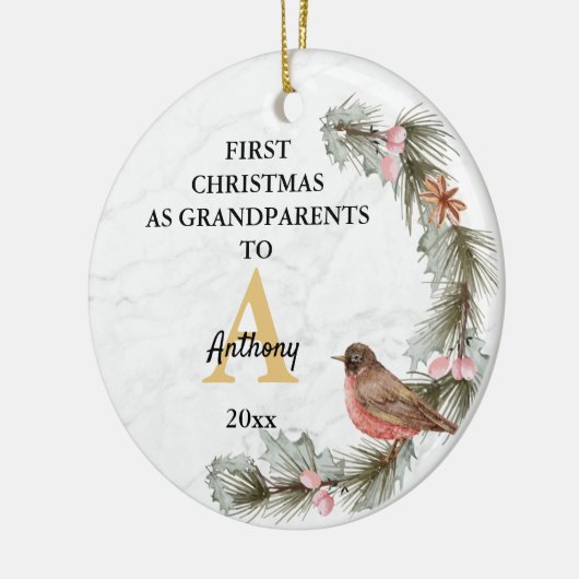 初めてのクリスマスを祖父母として名前をカスタムする セラミックオーナメント (左)