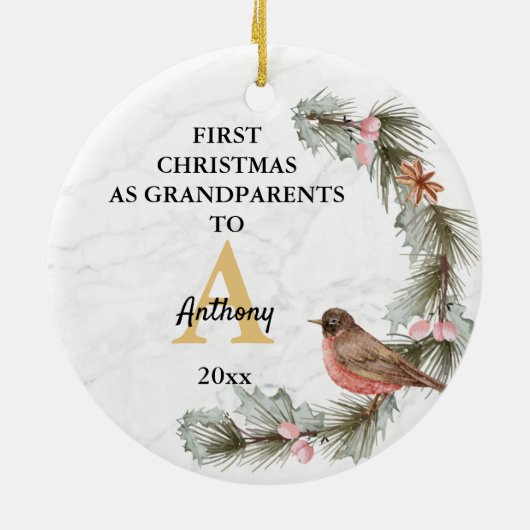 初めてのクリスマスを祖父母として名前をカスタムする セラミックオーナメント (裏面)