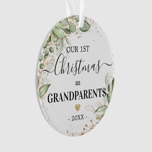 初めてのクリスマスを祖父母として緑の金ゴールド写真 オーナメント (正面)