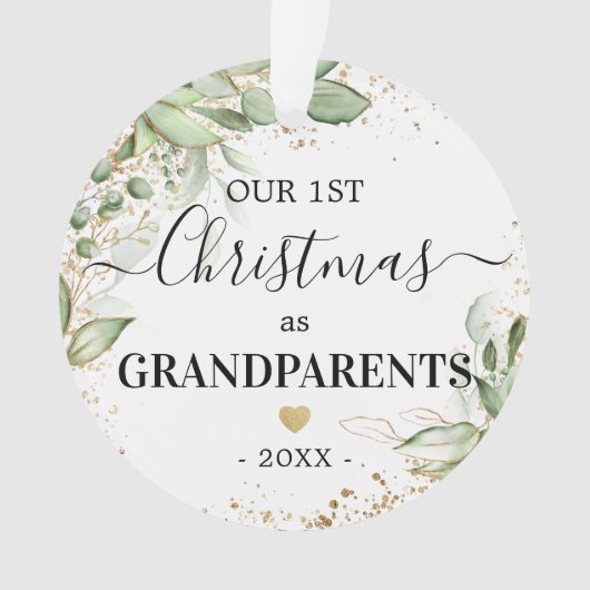 初めてのクリスマスを祖父母として緑の金ゴールド写真 オーナメント (正面)