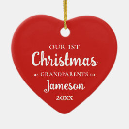 初めてのクリスマスを祖父母として赤いハート写真 セラミックオーナメント