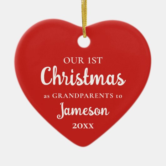 初めてのクリスマスを祖父母として赤いハート写真 セラミックオーナメント (正面)
