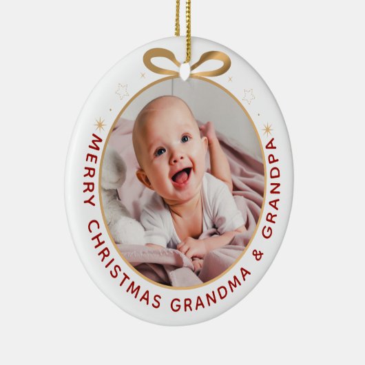 初めてのクリスマスを祖父母として赤い金ゴールド写真 セラミックオーナメント (右)