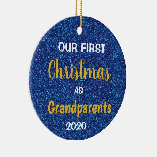 初めてのクリスマスを祖父母として青いグリッター写真 セラミックオーナメント (右)