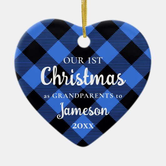 初めてのクリスマスを祖父母として青いハート写真 セラミックオーナメント (正面)