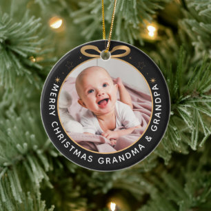 初めてのクリスマスを祖父母として黒い金ゴールド写真 セラミックオーナメント