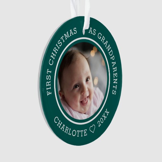 初めてのクリスマスを祖父母として2フォトグリーン オーナメント (正面)