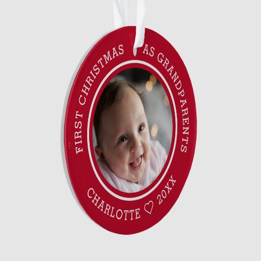 初めてのクリスマスを祖父母として2フォトレッド オーナメント (正面)