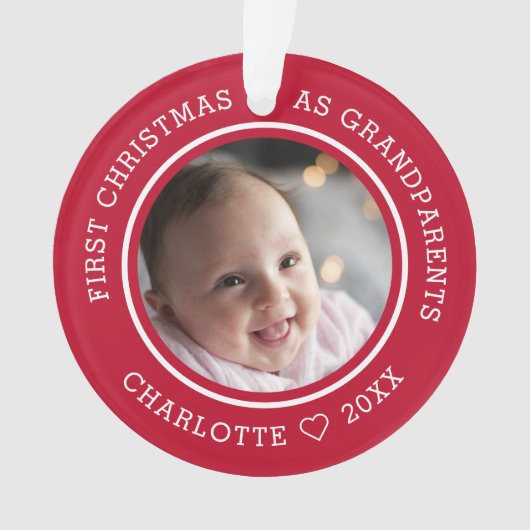 初めてのクリスマスを祖父母として2フォトレッド オーナメント (正面)