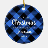 初めてのクリスマスを祖父母としてBlue Plaid写真 セラミックオーナメント (正面)