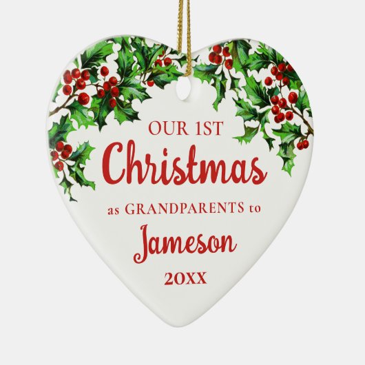初めてのクリスマスを祖父母としてHollyハート写真 セラミックオーナメント (右)