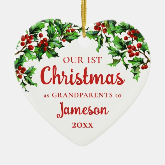 初めてのクリスマスを祖父母としてHollyハート写真 セラミックオーナメント (正面)
