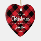 初めてのクリスマスを祖父母としてPlaidハート写真 セラミックオーナメント (右)