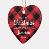 初めてのクリスマスを祖父母としてPlaidハート写真 セラミックオーナメント (左)