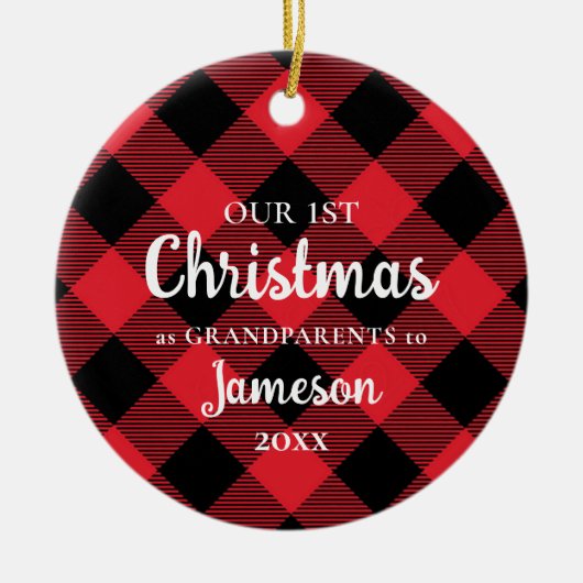 初めてのクリスマスを祖父母としてPlaid写真 セラミックオーナメント (正面)
