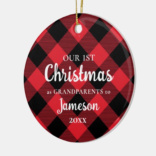 初めてのクリスマスを祖父母としてPlaid写真 セラミックオーナメント (左)