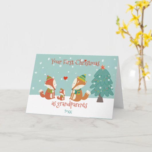 初めてのクリスマスを祖父母のかわいい小キツネ カード (黄色い花)