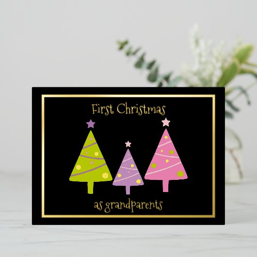 初めてのクリスマスを祖父母のかわいい木カスタムへ 箔シーズンカード (立ち正面)