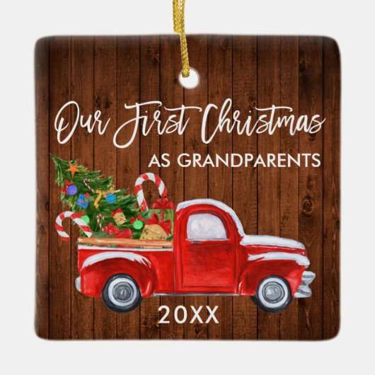 初めてのクリスマスを祖父母の木トラックの木として セラミックオーナメント (正面)