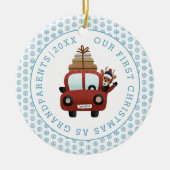 初めてのクリスマスを祖父母の青いグリッター写真 セラミックオーナメント (正面)