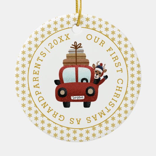 初めてのクリスマスを祖父母金ゴールドグリッター写真 セラミックオーナメント (正面)