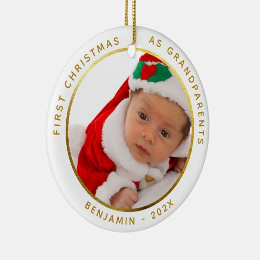初めてのクリスマスを祖父母金ゴールドベビー写真 セラミックオーナメント (右)