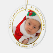 初めてのクリスマスを祖父母金ゴールドベビー写真 セラミックオーナメント (左)