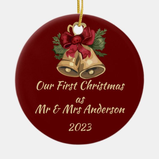 初めてのクリスマスを編集可能なMr & Mrsの名前と日付 セラミックオーナメント (正面)