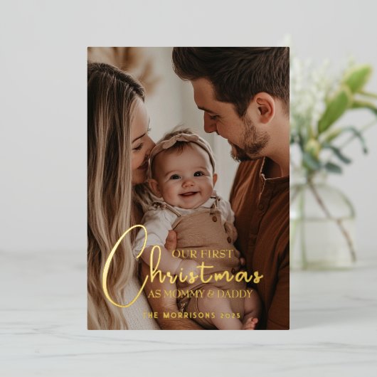 初めてのクリスマスを親としてカスタム写真 箔シーズンカード (立ち正面)