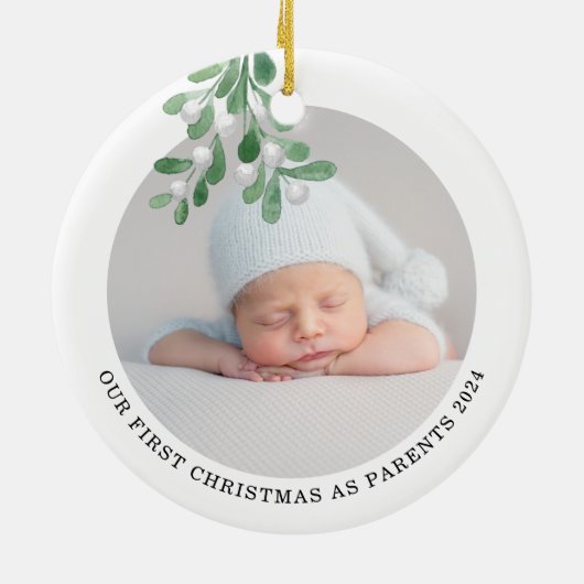 初めてのクリスマスを親として写真水色 セラミックオーナメント (裏面)