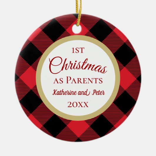 初めてのクリスマスを親バッファロープレイド セラミックオーナメント (正面)