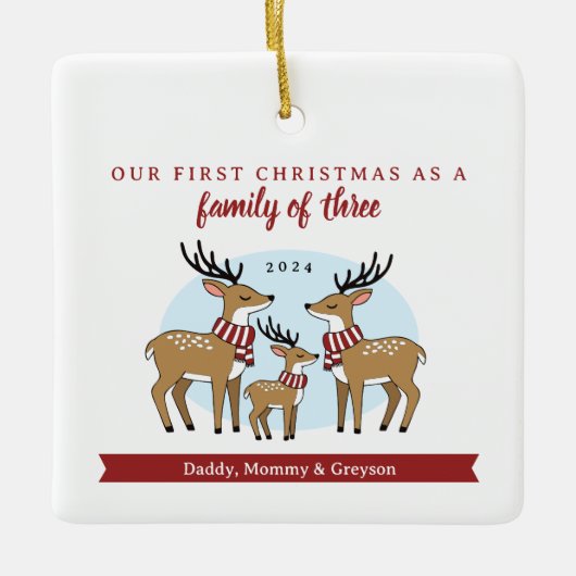 初めてのクリスマスを3つの写真の家族 セラミックオーナメント (正面)