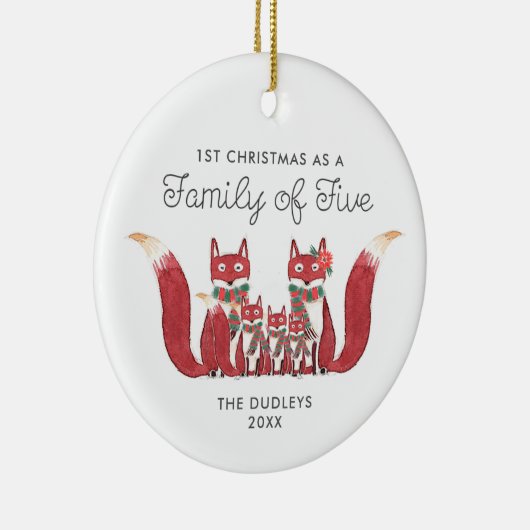 初めてのクリスマスを5つのキツネのファミリとパーソナライズされたする セラミックオーナメント (右)