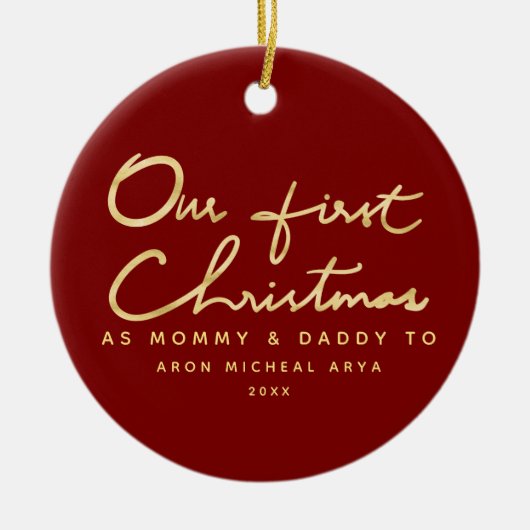 初めてのクリスマスをMommyとDaddy with Photo セラミックオーナメント (正面)
