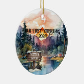 初めてのクリスマスアウトドアシーカップル新婚 セラミックオーナメント (右)
