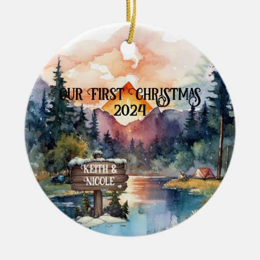 初めてのクリスマスアウトドアシーカップル新婚 セラミックオーナメント (正面)