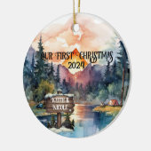 初めてのクリスマスアウトドアシーカップル新婚 セラミックオーナメント (左)