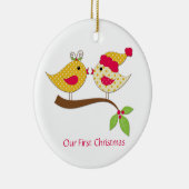 初めてのクリスマスイエロー水玉模様ラブバード セラミックオーナメント (右)