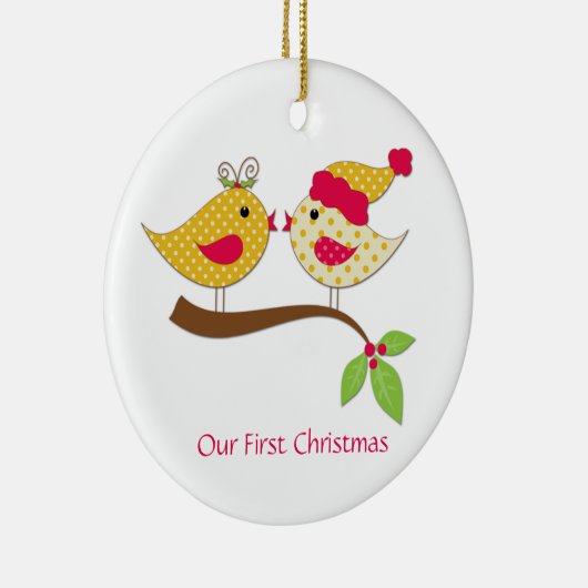 初めてのクリスマスイエロー水玉模様ラブバード セラミックオーナメント (右)