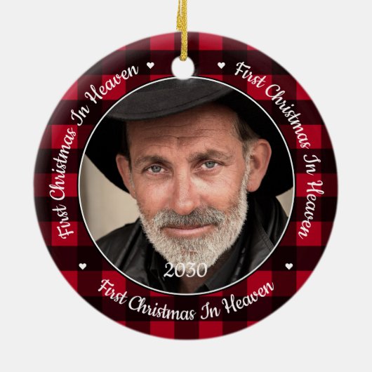 初めてのクリスマスイン天国赤い格子模様の写真追悼碑 セラミックオーナメント (裏面)