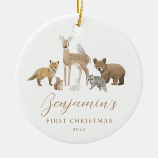 初めてのクリスマスウッドランド動物ベビー統計 セラミックオーナメント (正面)