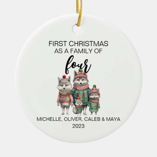 初めてのクリスマスウルフファミリーオブフォー セラミックオーナメント (正面)