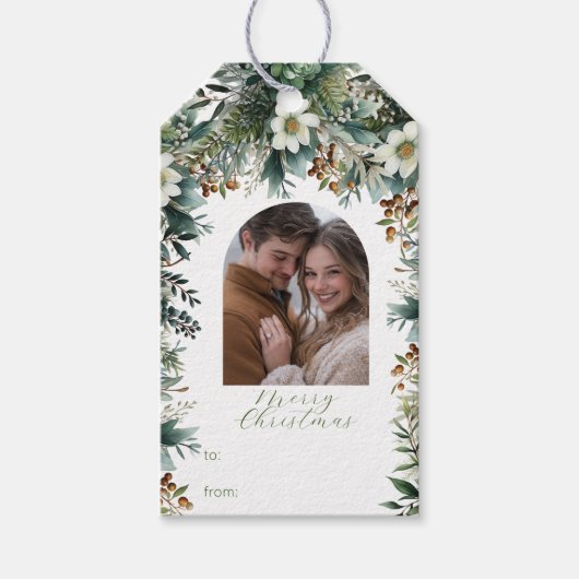 初めてのクリスマスエレガントの緑のアーチ写真 ギフトタグ (正面)