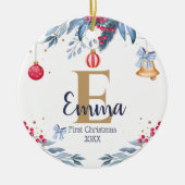 初めてのクリスマスエレガントシックカスタムモノグラムベビー セラミックオーナメント (正面)