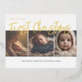 初めてのクリスマスエレガントベビーカスタム金ゴールド写真 箔シーズンポストカード (正面)