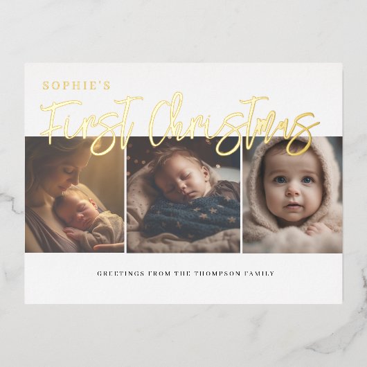 初めてのクリスマスエレガントベビーカスタム金ゴールド写真 箔シーズンポストカード (正面)