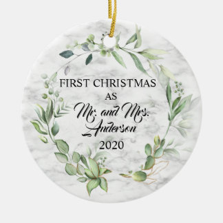 初めてのクリスマスエレガント結婚したグリーンマーブル セラミックオーナメント