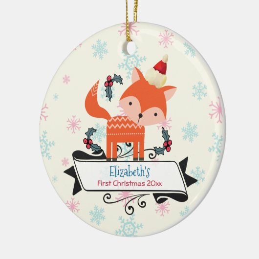 初めてのクリスマスオレンジキツネインサンタハットカスタム セラミックオーナメント (左)