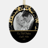 初めてのクリスマスオーナメントフォト金ゴールド&ブラックダマスク セラミックオーナメント (右)